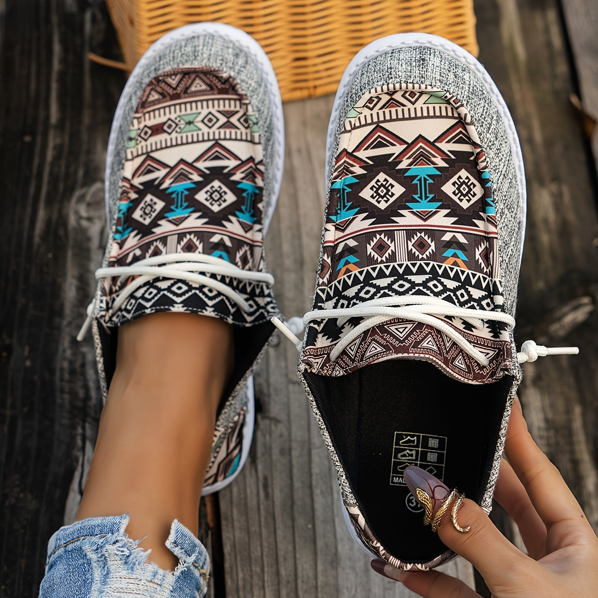 Geometric Print Loafers, Soft Sole Slip On Canvas Shoes