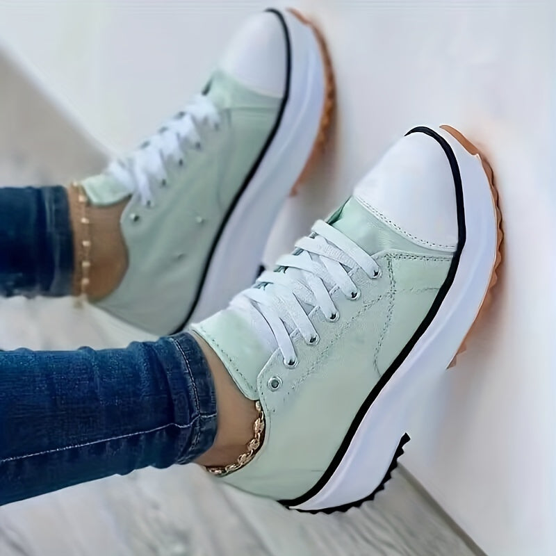 Platform Canvas Sneakers, Solid Color Low Top Trainers