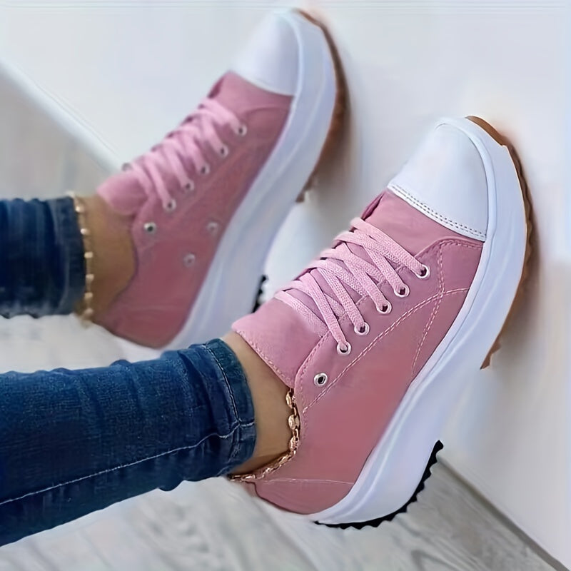 Platform Canvas Sneakers, Solid Color Low Top Trainers