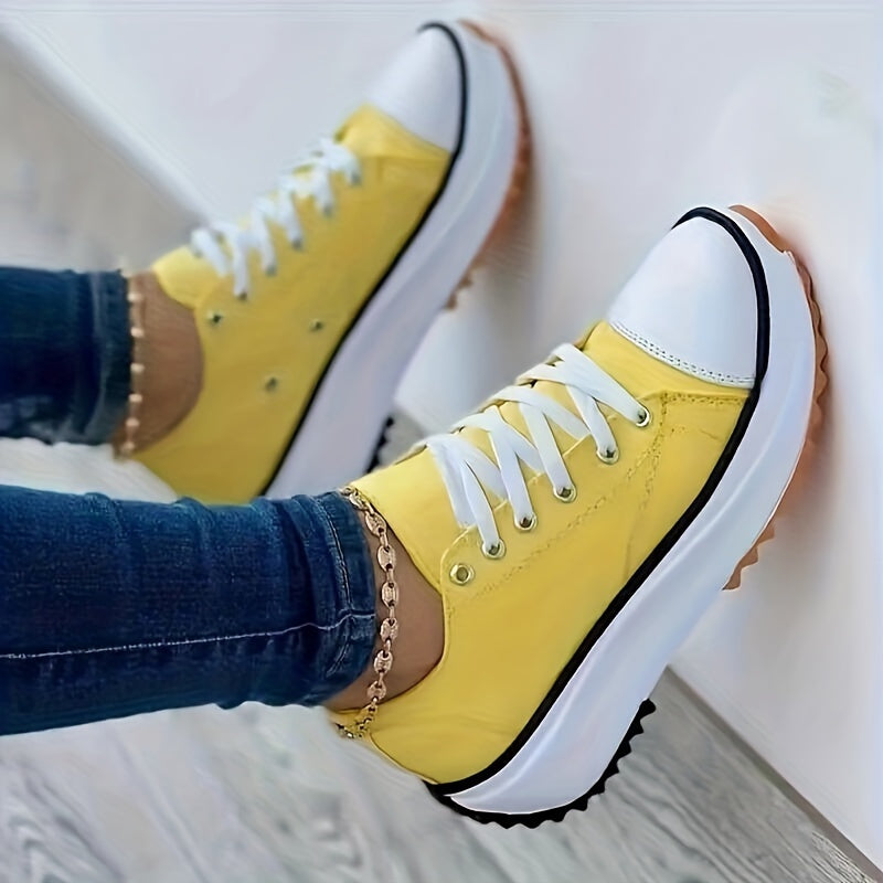 Platform Canvas Sneakers, Solid Color Low Top Trainers