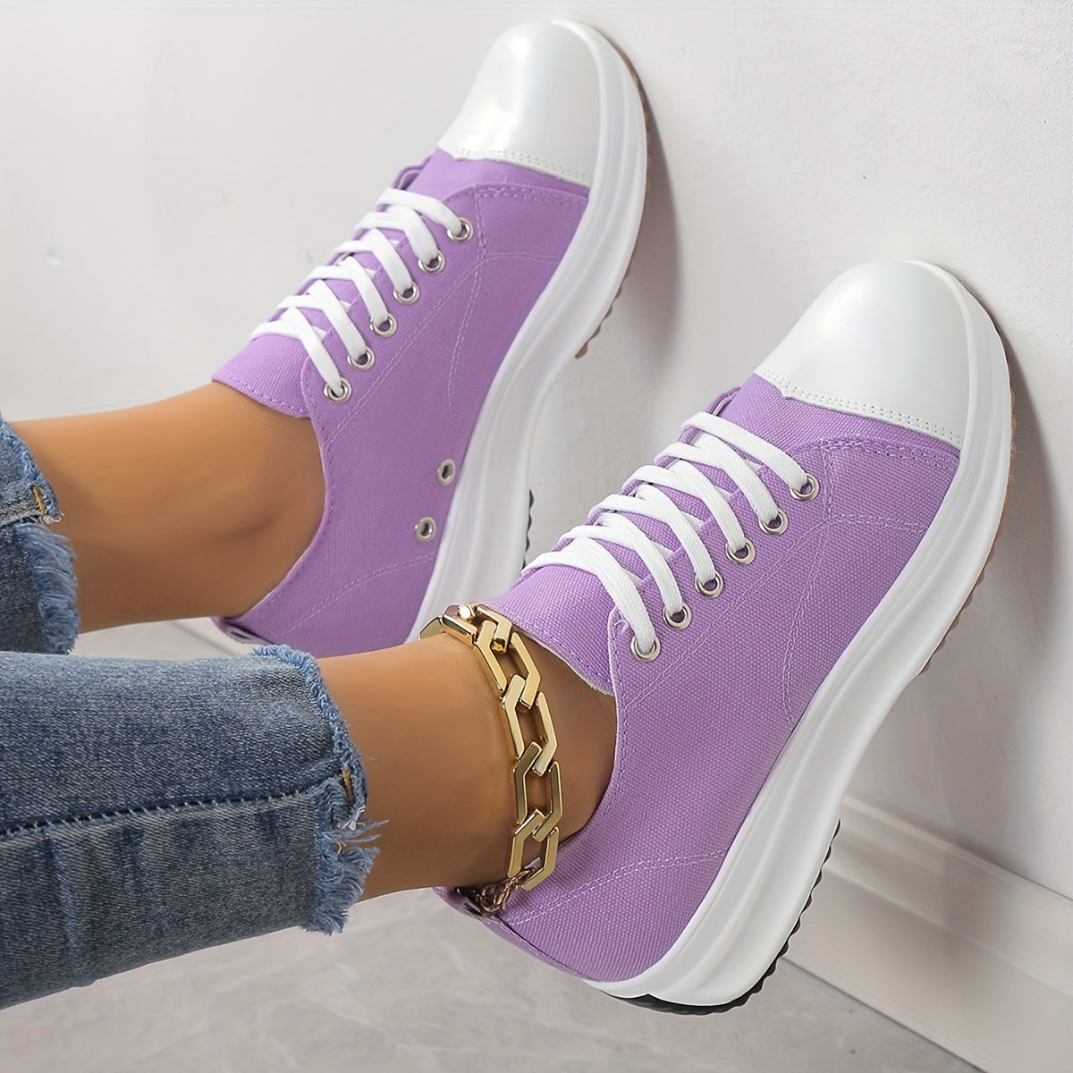 Platform Canvas Sneakers, Solid Color Low Top Trainers