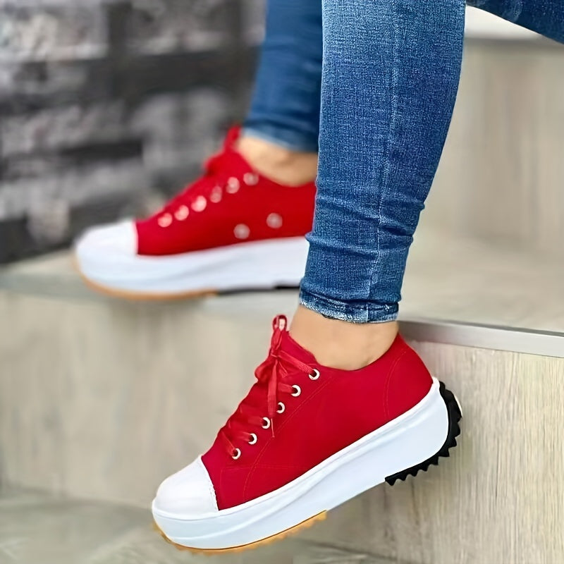 Platform Canvas Sneakers, Solid Color Low Top Trainers