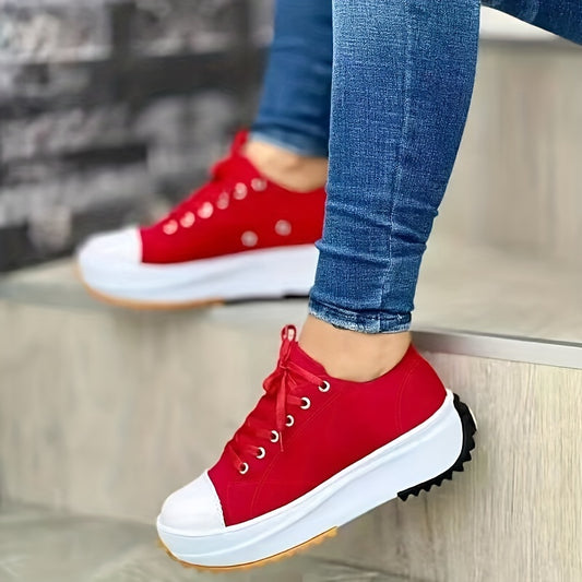 Platform Canvas Sneakers, Solid Color Low Top Trainers