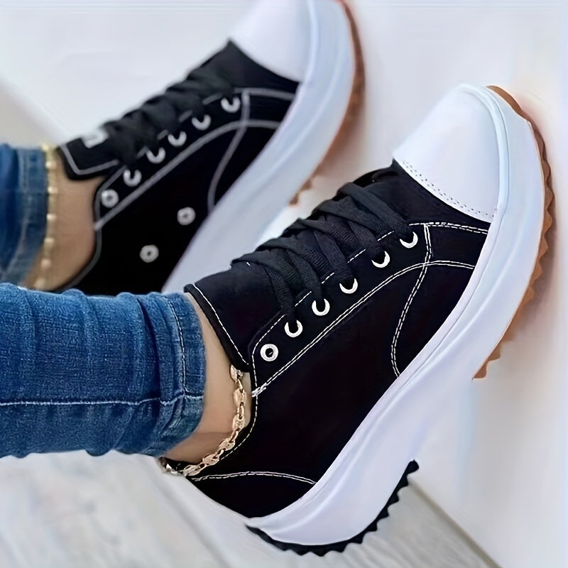 Platform Canvas Sneakers, Solid Color Low Top Trainers