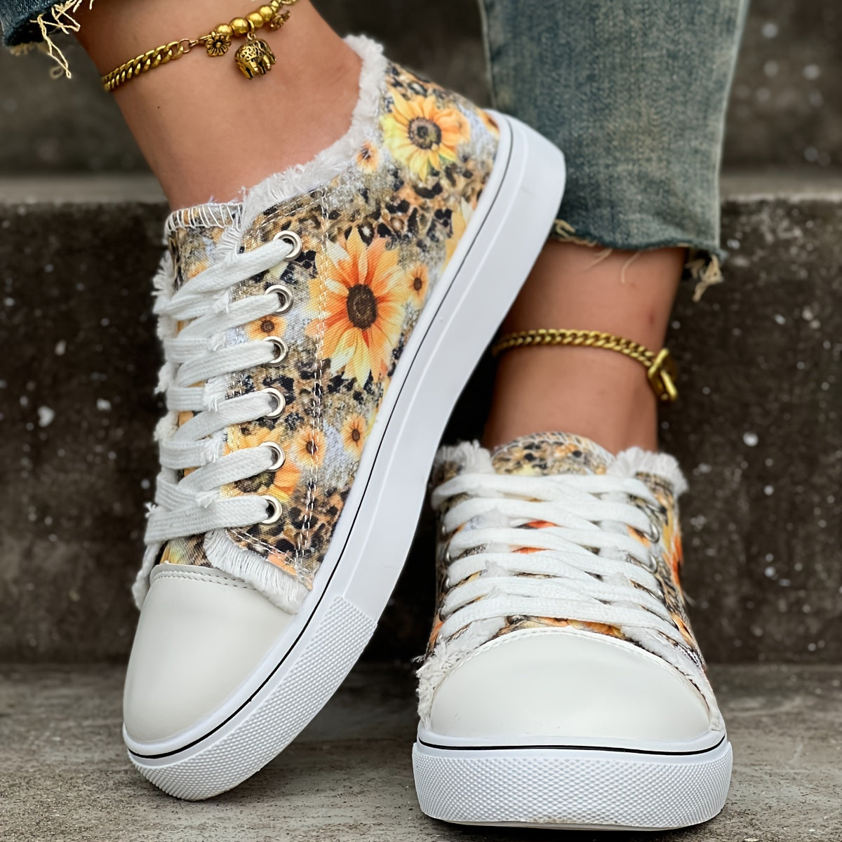 Sunflower Print Canvas Shoes, Casual Outdoor Low Tops