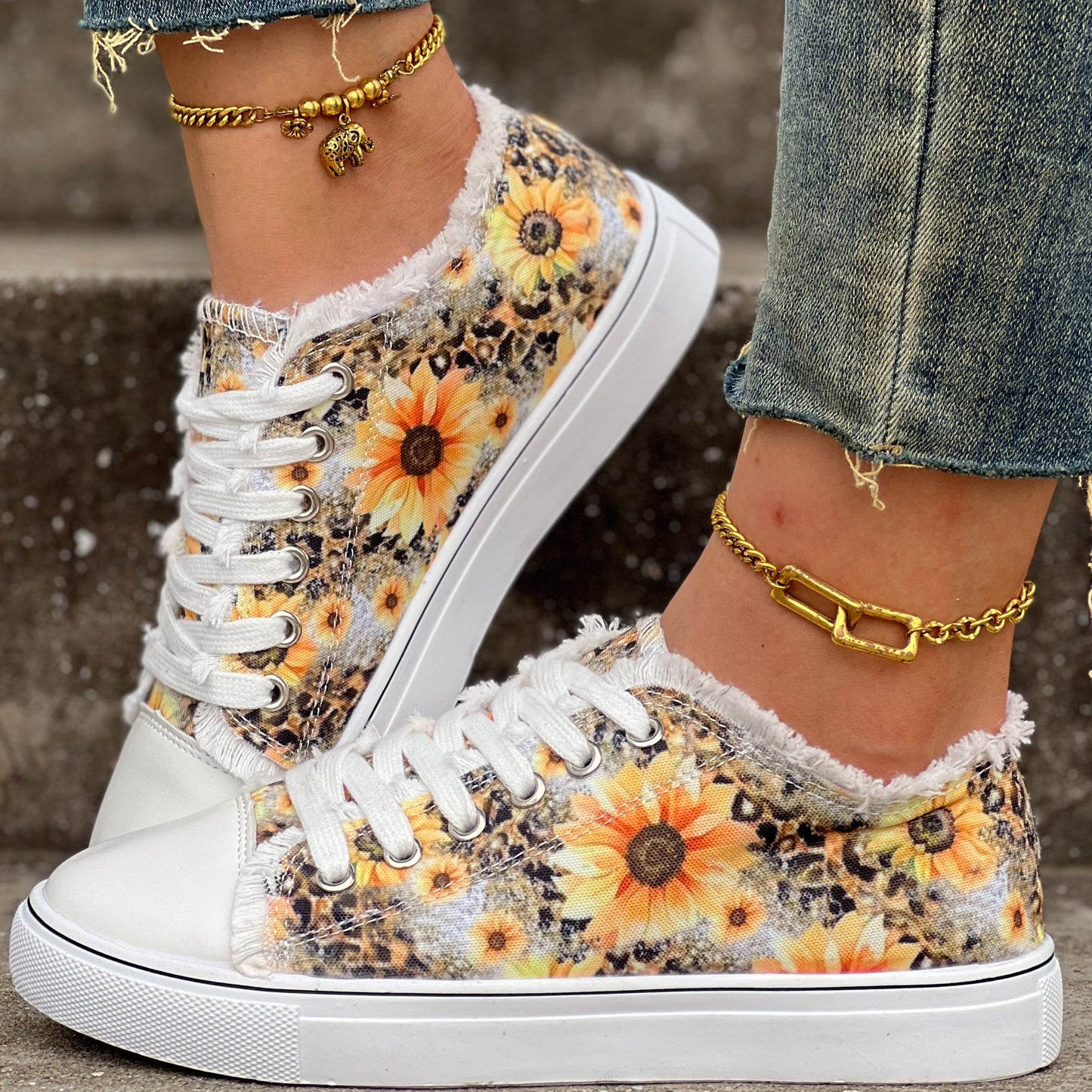 Sunflower Print Canvas Shoes, Casual Outdoor Low Tops