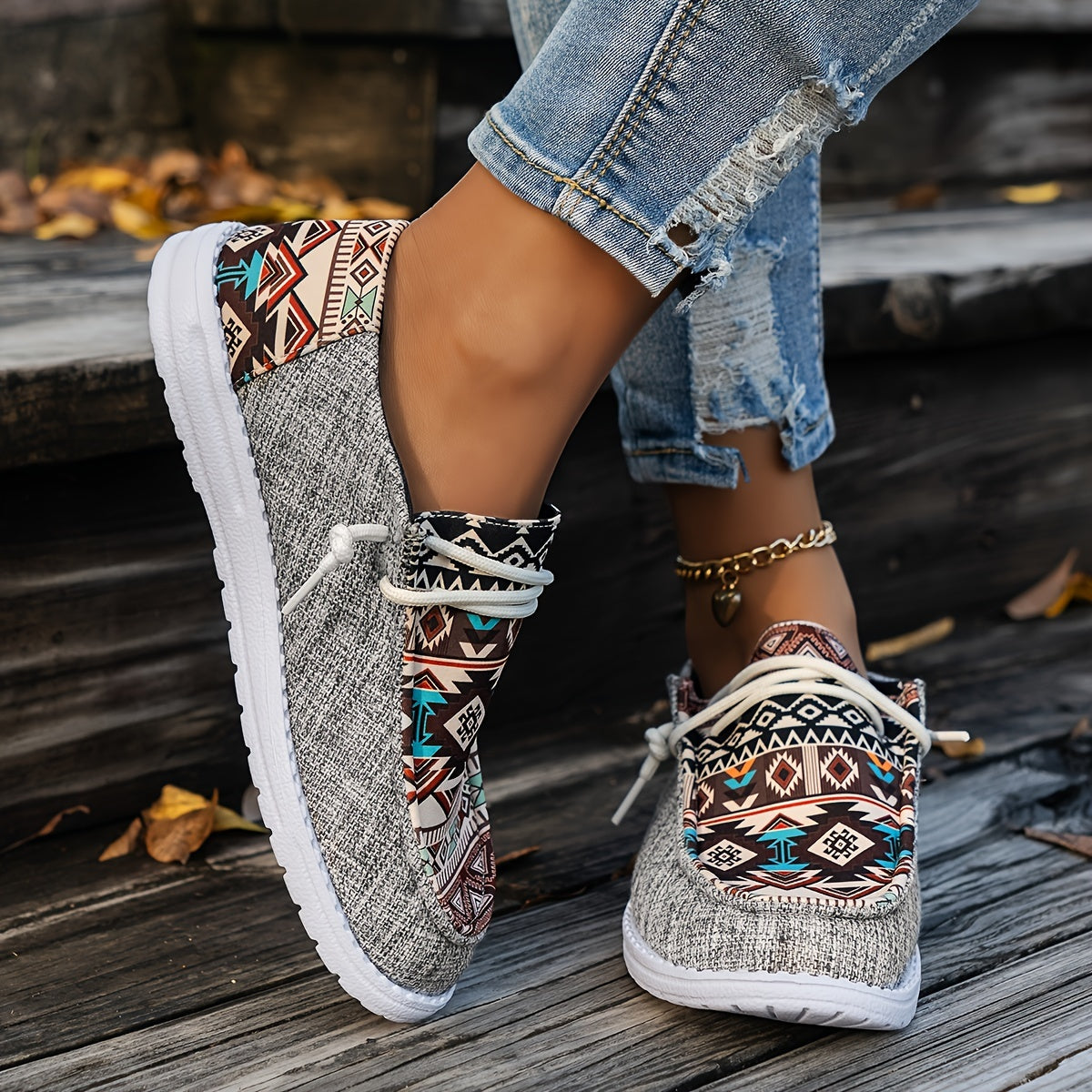 Geometric Print Loafers, Soft Sole Slip On Canvas Shoes