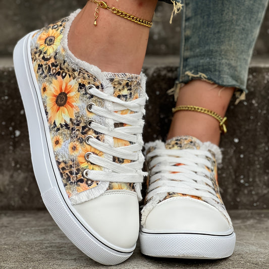 Sunflower Print Canvas Shoes, Casual Outdoor Low Tops