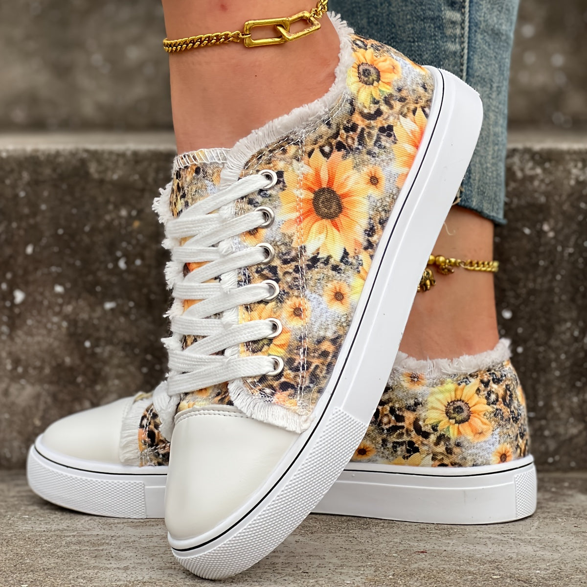 Sunflower Print Canvas Shoes, Casual Outdoor Low Tops