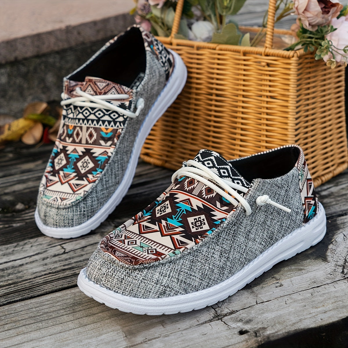 Geometric Print Loafers, Soft Sole Slip On Canvas Shoes